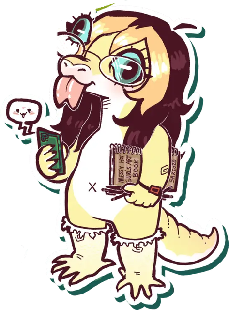 Destiny drawn as a gecko, with glasses, a phone and a sketchbook.