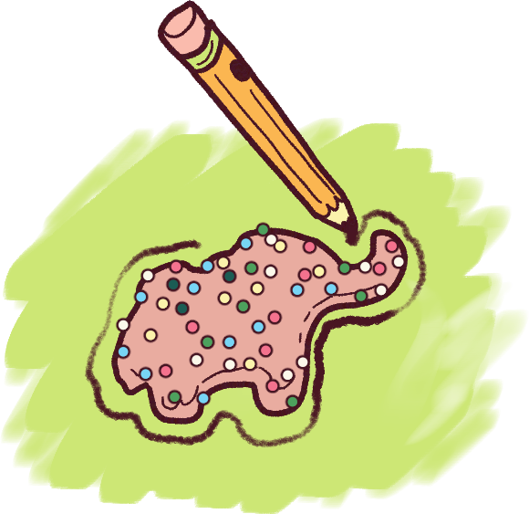 A pink animal cracker with rainbow sprinkles, a pencil tracing around its edge on green paper.