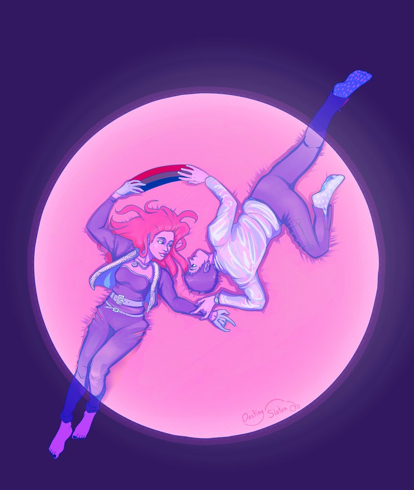 Her Deaf Queer Art piece: two people floating around a glowing pink moon, signing I love you and rainbow, the rainbow turning into the bi pride flag.