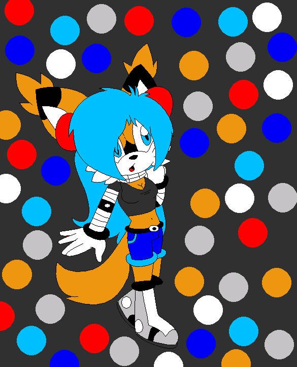 A flat-colour drawing of a fox character with bright blue hair and orange fur, on a background of coloured polka dots.