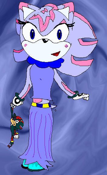 Destiny drawn as a lavender Sonic-style hedgehog in a long purple skirt, holding a small Shadow plushie.