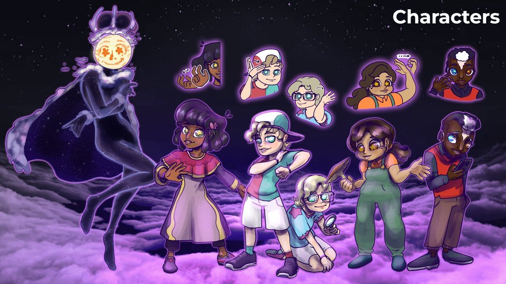 The Night Facets cast: eight characters in bright outfits standing on purple clouds under a night sky, a tall shadowy figure behind them.