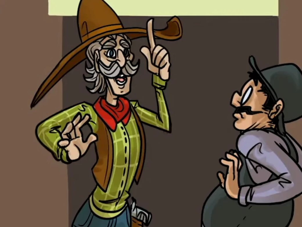 A still from Piece of Wagon!: an old cowboy with a big moustache raising one finger at a worried man in a cap.