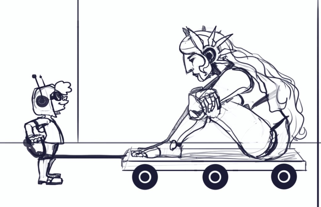 A line drawing from The Sky Goddess: a small child with a cart and a tall crowned goddess kneeling to pull it.