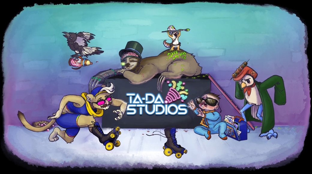 The Ta-Da Studios crew drawn as cartoon animals and characters, roller-skating around the Ta-Da Studios logo.