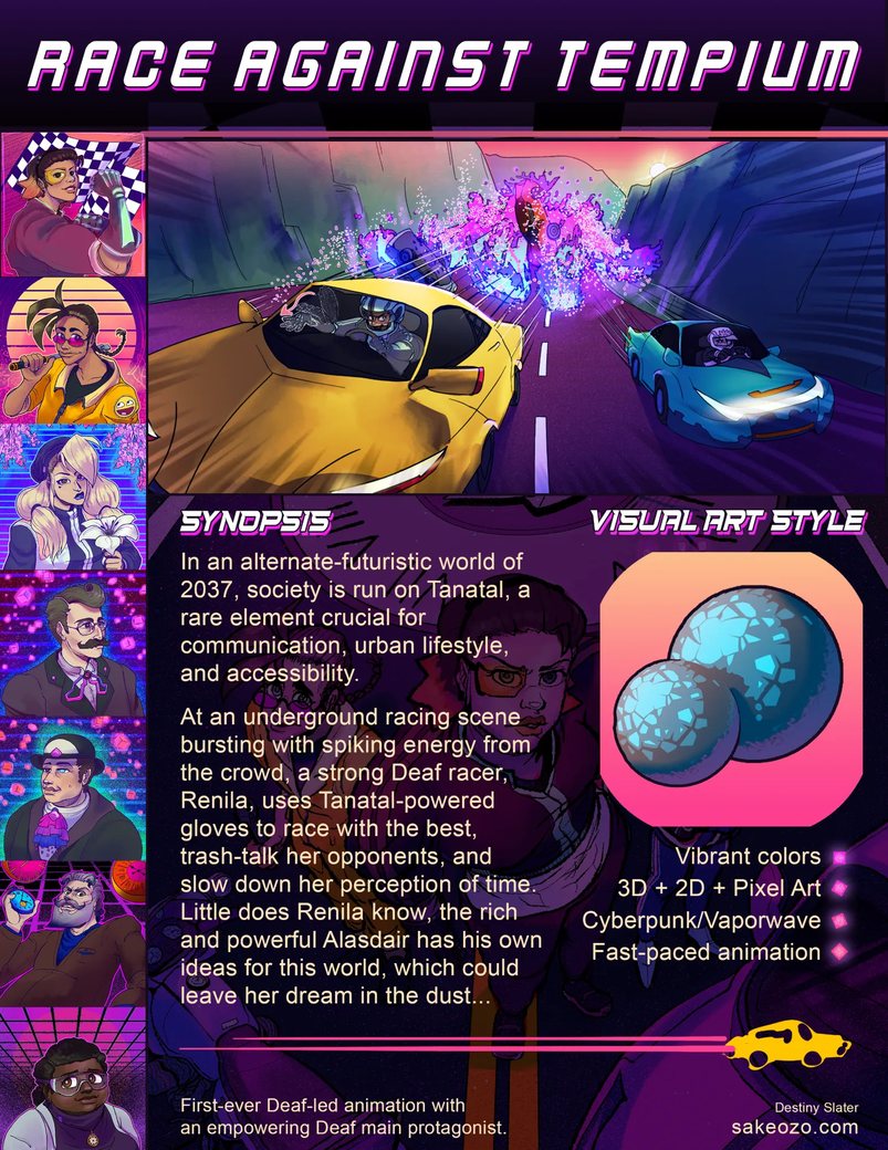 The Race Against Tempium one-pager: neon cars racing down a purple city road, character portraits, a synopsis and the visual art style.