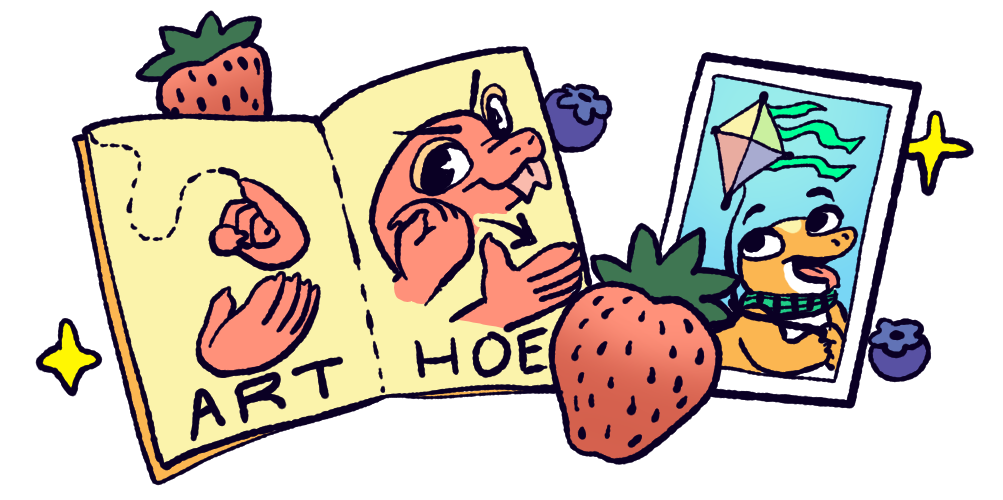 My open sketchbook with the ASL signs for “art” and “hoe”, strawberries, blueberries, sparkles and a duck photo.