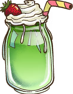 A matcha float with whipped cream, a strawberry and a striped straw.