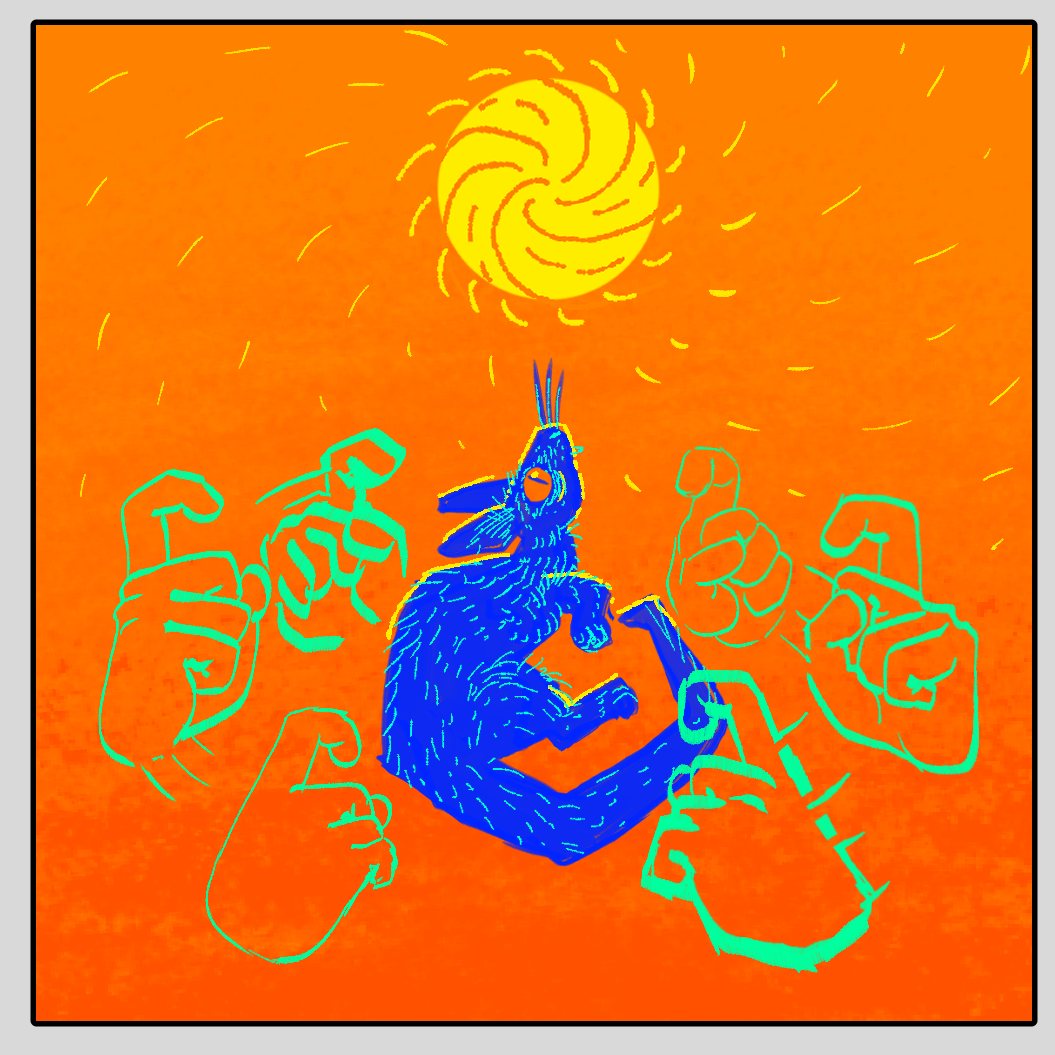 A digital sketch on a bright orange background. A blue creature with a small pointed crest sits in the center and looks up at a swirling yellow sun. Around it, hands drawn in green and pale orange outlines sign CHANGE.