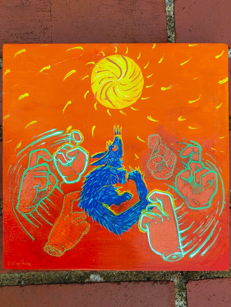 The painting Change lies flat on red brick, shown straight on. A blue creature with yellow highlights looks up at a yellow sun with swirling lines, surrounded by hands outlined in glowing green that sign CHANGE.