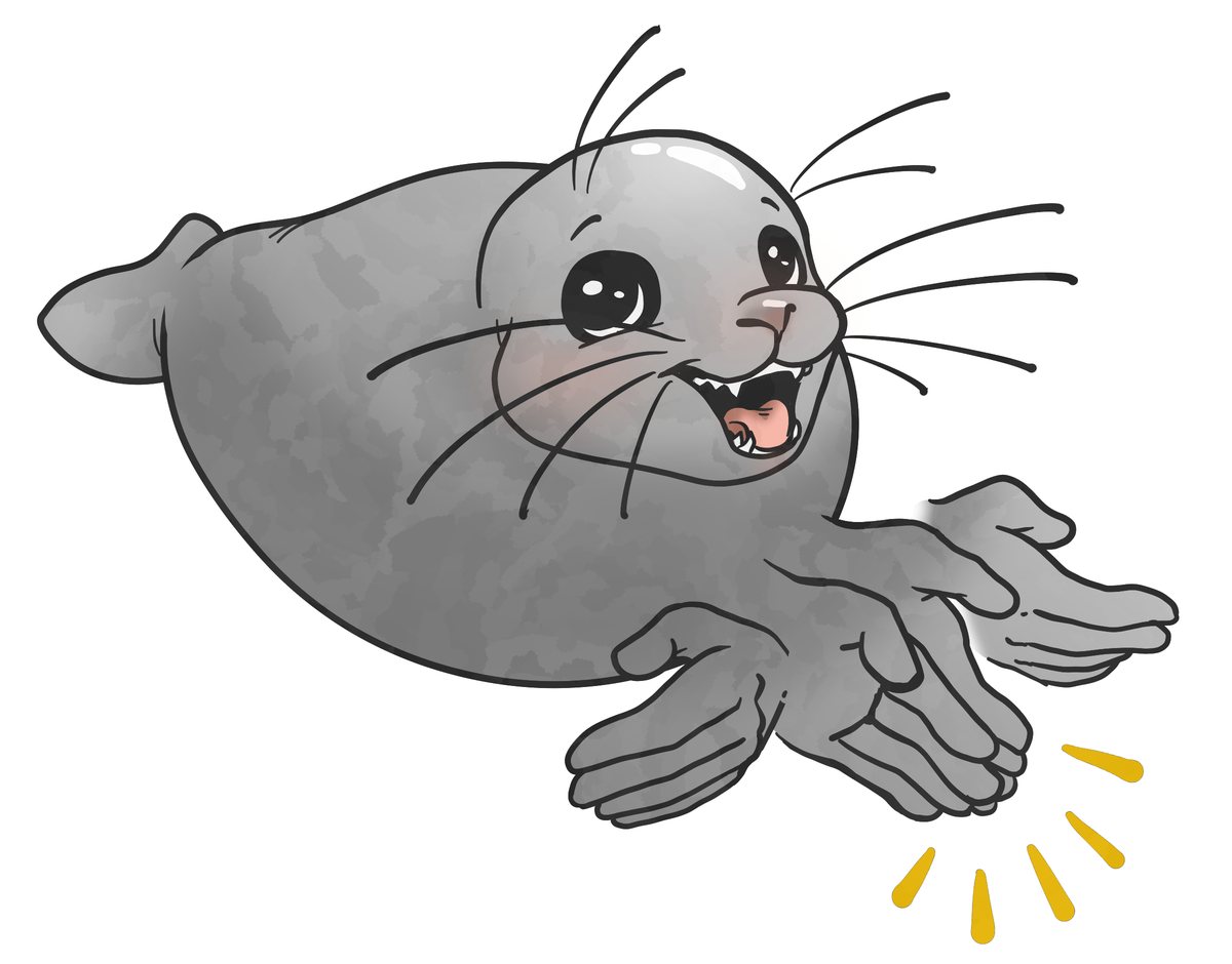The same cartoon seal in soft grey shading with a black outline. Its hands are grey like its body, and the movement lines below them are yellow.