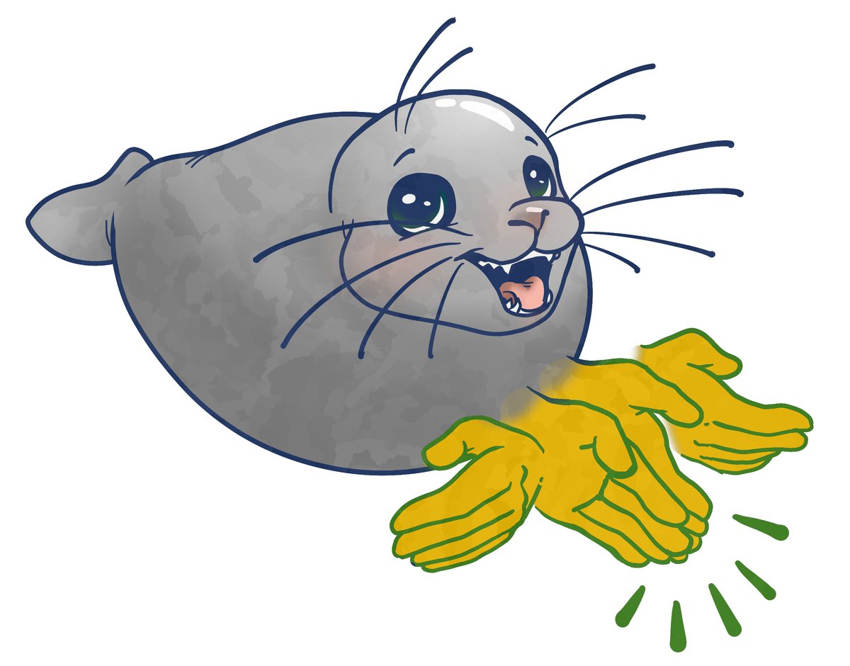 The cartoon seal in soft grey shading with a dark blue outline. Its hands are golden yellow with green outlines, and the movement lines below them are green.