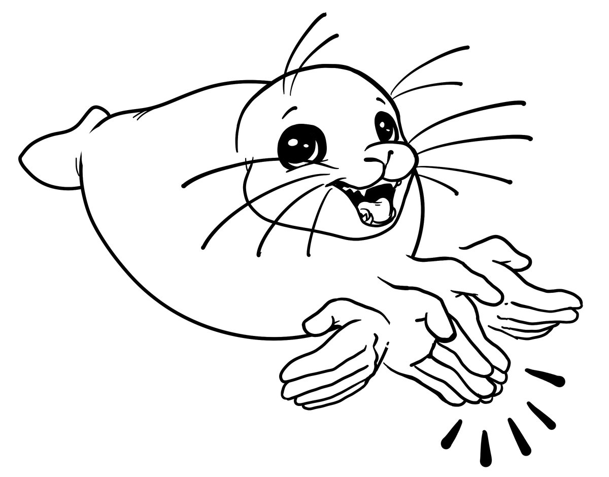 Black line art on white: a happy cartoon seal with big shiny eyes, long whiskers and an open smile. Its body ends in two hands, palms up, one over the other, making the ASL sign SEAL. Short lines below the hands show movement.