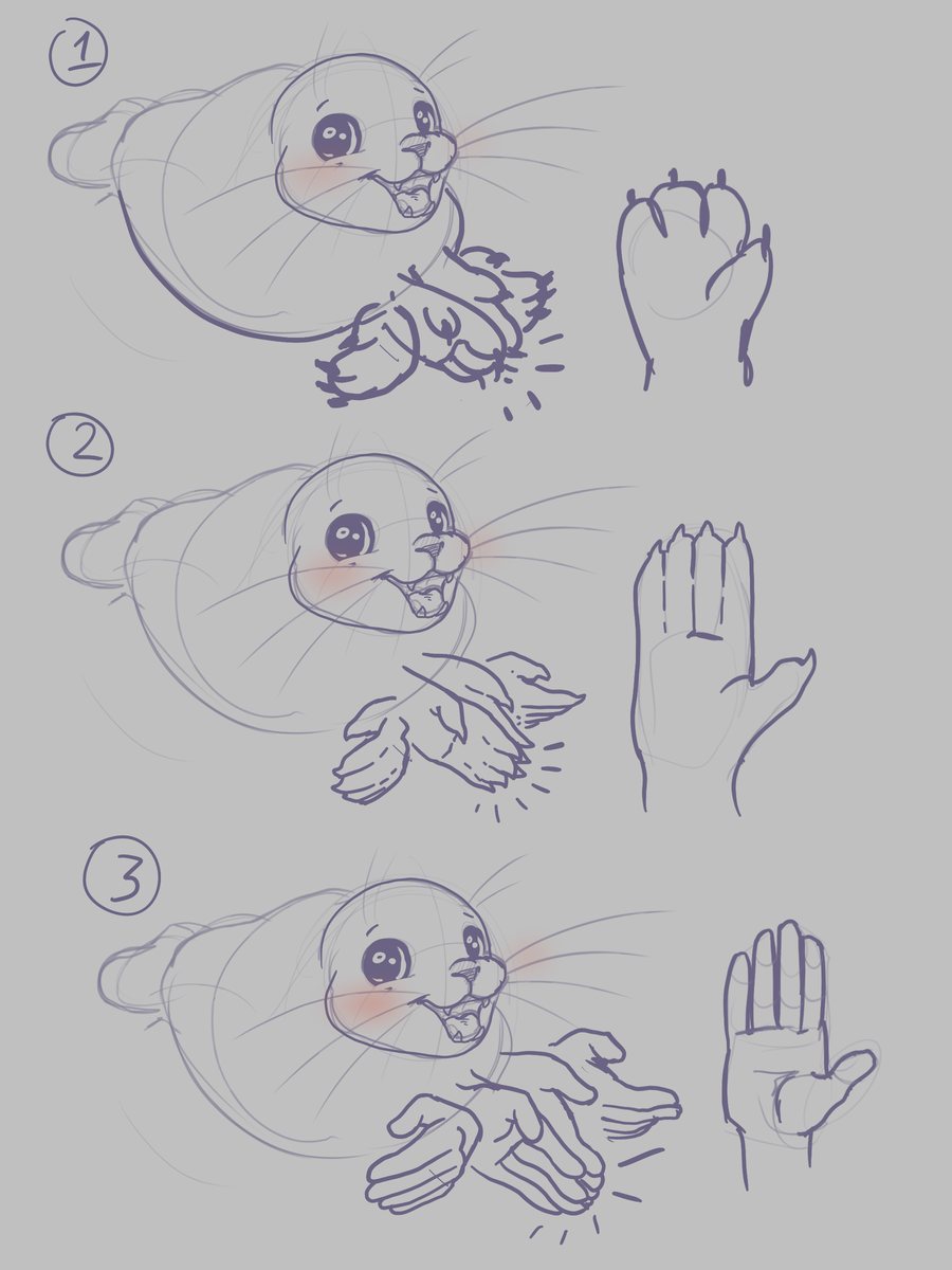 Three rough sketches in purple pencil on a grey background, numbered 1 to 3. Each one shows a smiling cartoon seal with whiskers and pink cheeks. Below its head, the seal turns into a pair of hands signing SEAL, and a small drawing of the handshape sits to the right.
