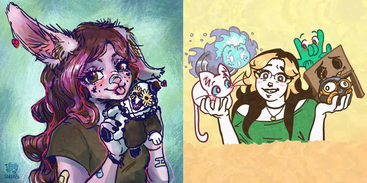 Two cartoon portrait busts: a freckled bunny-eared girl with long brown hair holding a little patchwork doll, and a smiling woman in glasses holding a white cat and a round owl.