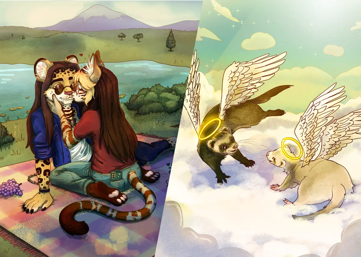 Two full scene illustrations: a leopard couple kissing on a picnic blanket by a lake under a mountain, and two angel ferrets with halos playing on the clouds.