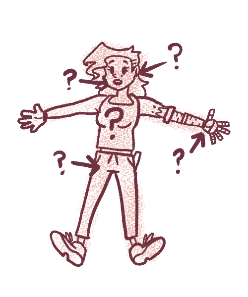 Sketch of a woman standing with her arms out, looking puzzled, while question marks and arrows point at her ear, her shirt, her hand and her pocket.