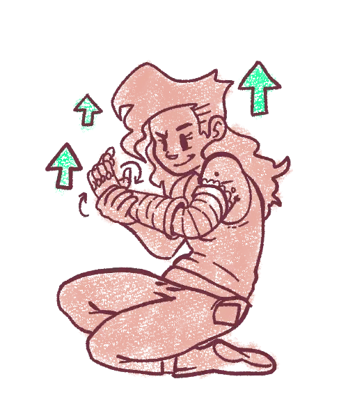 Sketch of a woman kneeling with a determined grin, tightening the wraps on her forearm, with green arrows pointing up around her.