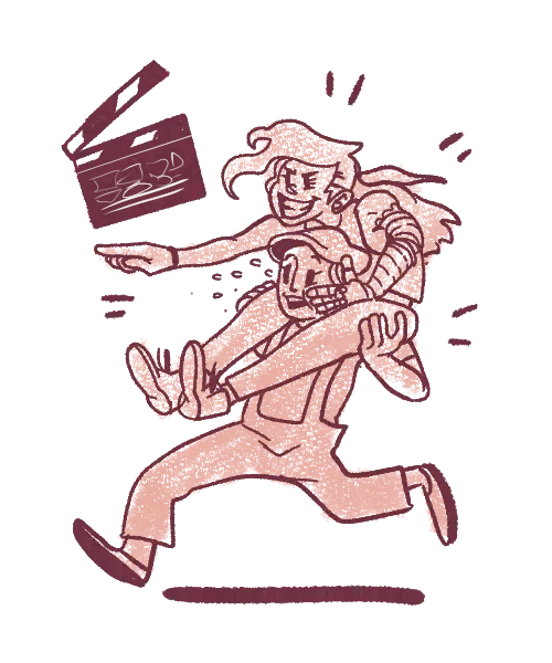 Sketch of a woman riding piggyback on a running teammate and pointing ahead, with a film clapperboard flying beside them.