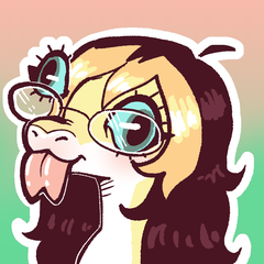 Destiny drawn as her gecko self, glasses on and a spare pair pushed up, sticking her tongue out.