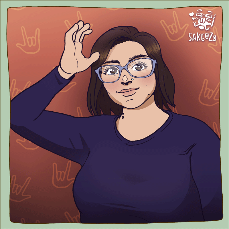 A looping 2D animation of a woman with medium brown hair, purple glasses, and a dark purple long-sleeved shirt. She smiles while signing her name sign, in ASL using the handshape for "C" moving downwards as she have longer wavy hair flowing. The background is a deep orange with thin yellow lineart of the "I love you" ASL sign patterned throughout. In the upper-right corner, there is a watermark signed by the artist Sakeozo.