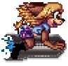 Animation: pixel art of a blond character in a brown cloak leaning forward as if dashing, with a blue splash trailing behind its feet.