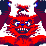 Animation: pixel art of a red horned creature with bared fangs and wide eyes, raising its arms against a dark blue background.