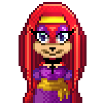 Animation: pixel art bust of a character with long red dreadlock-style quills, blue eyes, a gold headband and a purple outfit with a gold sash.