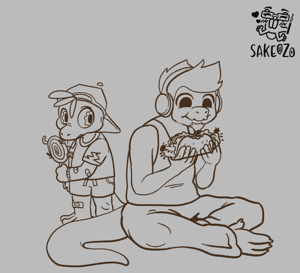 Animation: Brown line art of two reptile characters sitting back to back, a small one in a cap holding a lollipop and a larger one in headphones eating a messy sandwich, on a gray background.