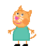 Animation: small pixel art of an orange cartoon cat standing upright in a teal dress, drawn in a simple flat style on a white background.