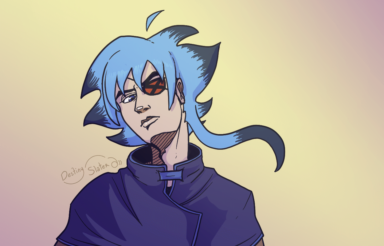 Blue-haired eyepatched boy with a chunk of longer hair moving around like a cat tail.