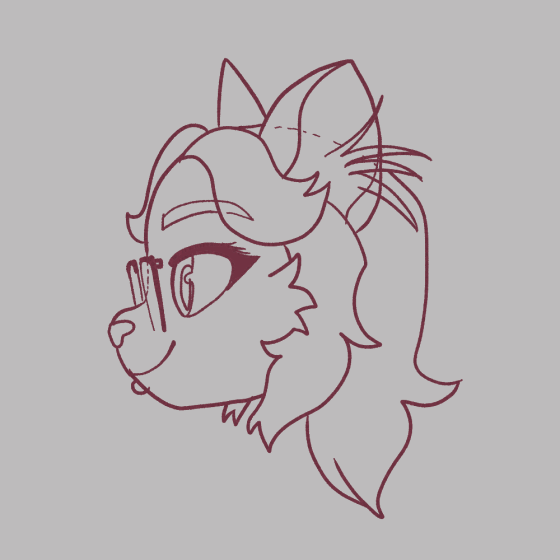 Animation: Work-in-progress maroon line art of Sake, a cat character with long hair, glasses and a lip piercing, shown in side profile on a gray background, likely spinning.