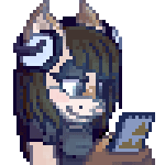 Animation: pixel art bust of a character with fox-like ears, long dark hair and a curled horn, smiling while holding a small framed picture.