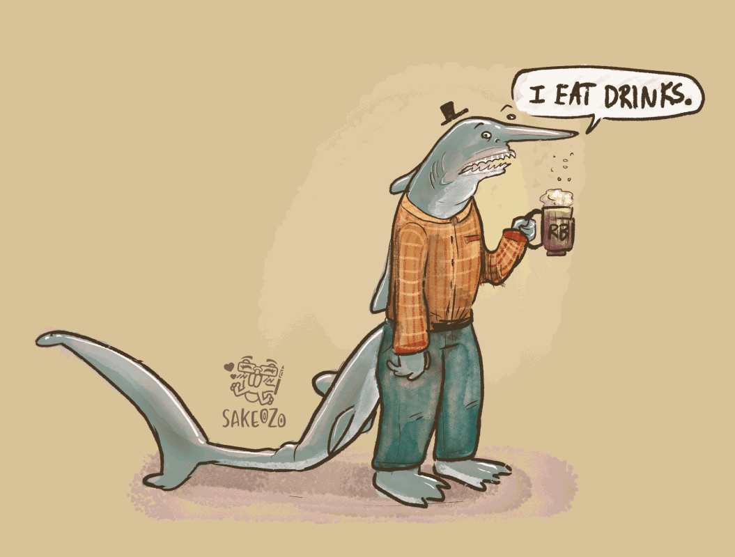 Animation: A gray shark standing upright on legs, wearing a tiny top hat, plaid orange shirt and jeans, holds a frothy mug of root beer and says "I EAT DRINKS." on a tan background.