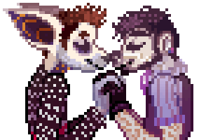 Animation: pixel art of two characters embracing face to face, one with large patterned ears and spiky orange hair, the other with dark hair and a purple striped sweater.