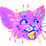 Animation: pixel art of a pink cat head with blue eyes and an open grinning mouth, surrounded by radiating rainbow lines in psychedelic colors.