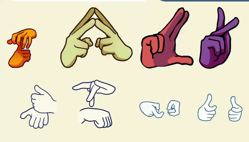 Animation: Hands signing in ASL, shown as a row of colorful cartoon hands in orange, olive, red and purple above white outlined hands forming several handshapes on a cream background.