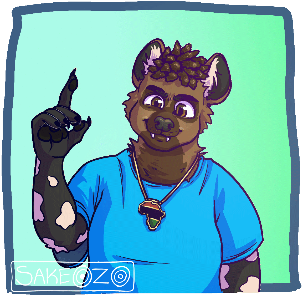 A male anthro hyena dog in blue t-shirt and Africa golden chain necklace signing his name sign, "D" but the thumb and fingers gently rubs together.