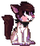 Animation: pixel art of a seated cat with dark brown and white fur, a pink nose and a dark collar, shown from the front.