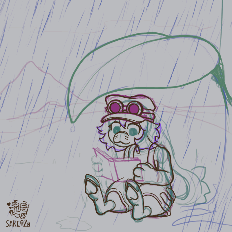 Animation: Work-in-progress colored line sketch of a small character in goggles and a cap reading a book while sheltering from rain under a giant leaf, with hills in the distance.