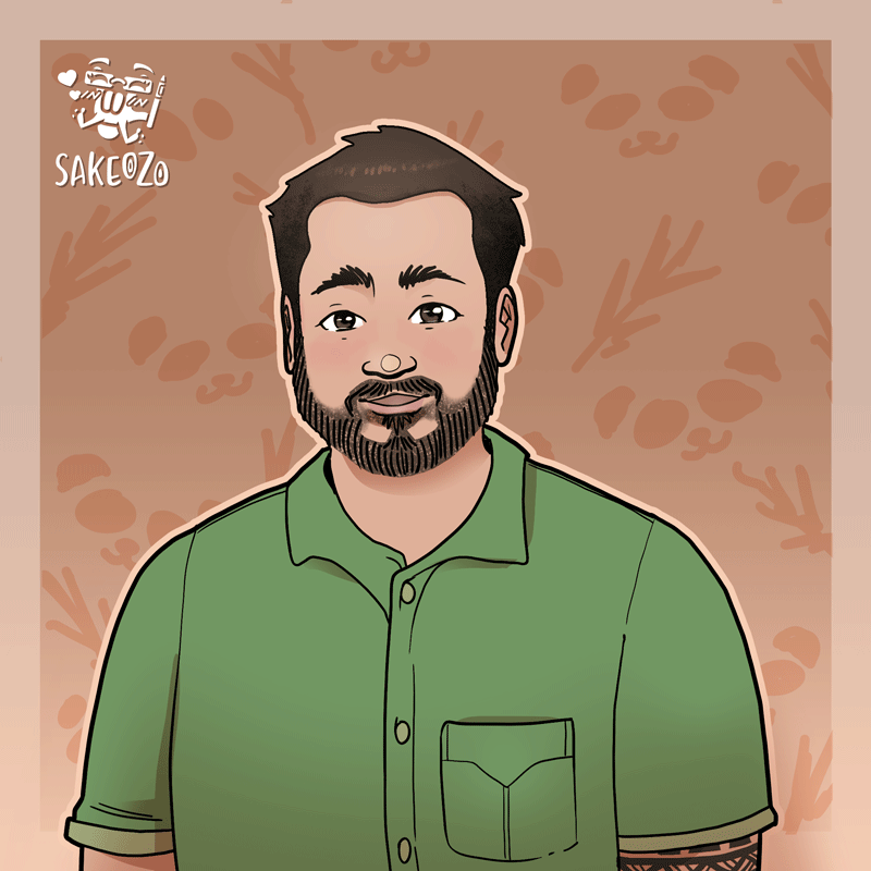 A tattooed man signs his name, loosely in "d" handshape tapping a few time by his right eye, to show impression of Panda. There is panda pattern in the background. At the upper-left corner, artist watermark signed by Sakeozo.