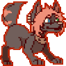 Animation: pixel art of a gray and pink four-legged canine character with a red mane, standing in a playful crouch.