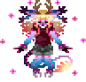 Animation: pixel art full-body of a character with antlers, pink hair and a red top, surrounded by small pink sparkles.
