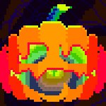 Animation: pixel art jack-o'-lantern with glowing green carved eyes and mouth, an orange pumpkin and a green stem against a dark background.