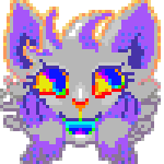 Animation: pixel art face of a purple and gray furry creature with large rainbow-colored eyes, a rainbow tongue and wispy fur, in vivid psychedelic colors.