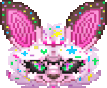 Animation: pixel art bust of a pink furry character with large brown ears, dark sunglasses and colorful sparkles and confetti across its face.