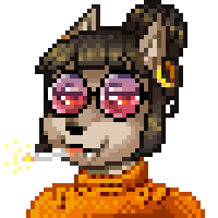 Animation: pixel art bust of a canine character with a hair bun, gold earring and round pink sunglasses, smoking a glowing cigarette and wearing an orange turtleneck.
