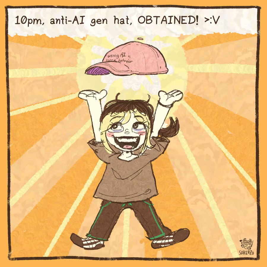 10pm, anti-AI gen hat, OBTAINED!

Destiny is happy showing her loot wins like from video game, showing her pink cap that says, "Using AI is loser behavior" 
10pm, anti-AI gen hat, OBTAINED!

Destiny is happy showing her loot wins like from video game, showing her pink cap that says, "Using AI is loser behavior"