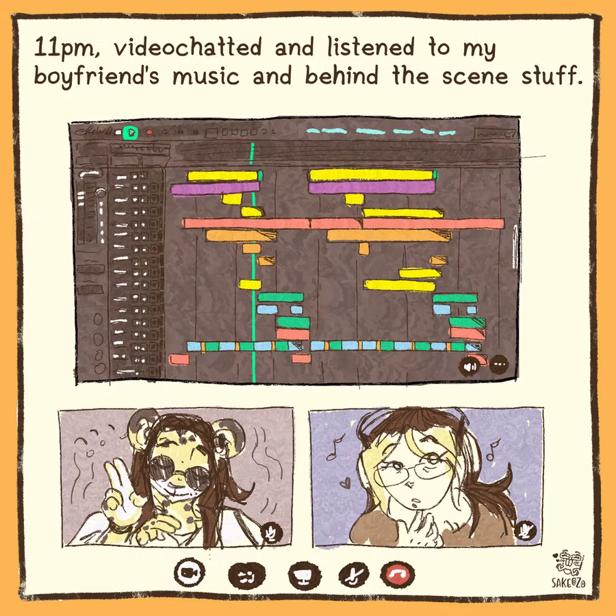 11pm videochatted and listened to my boyfriend's music and behind the scene stuff. Showing a Discord video call with screen share of music program. Destiny's boyfriend is swaying to the music and Destiny is curious, liking listening with her big headphone. 
11pm videochatted and listened to my boyfriend's music and behind the scene stuff. Showing a Discord video call with screen share of music program. Destiny's boyfriend is swaying to the music and Destiny is curious, liking listening with her big headphone.