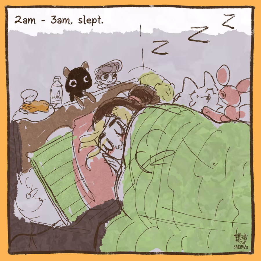 2am-3am, slept. Destiny is sleeping cutely on her bed with Zzz. She is surrounded by plushies.